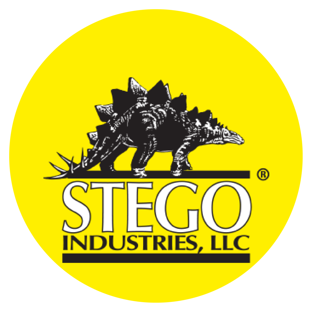 Logo de Stego Industries, LLC, con diseño que incluye un dinosaurio estilizado y colores llamativos.
