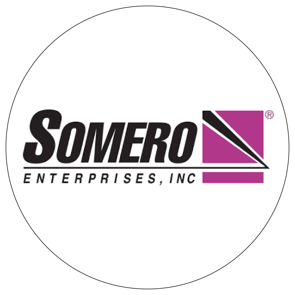 Logo de Somero Enterprises, Inc., con diseño que combina tipografía audaz y un gráfico geométrico en púrpura.