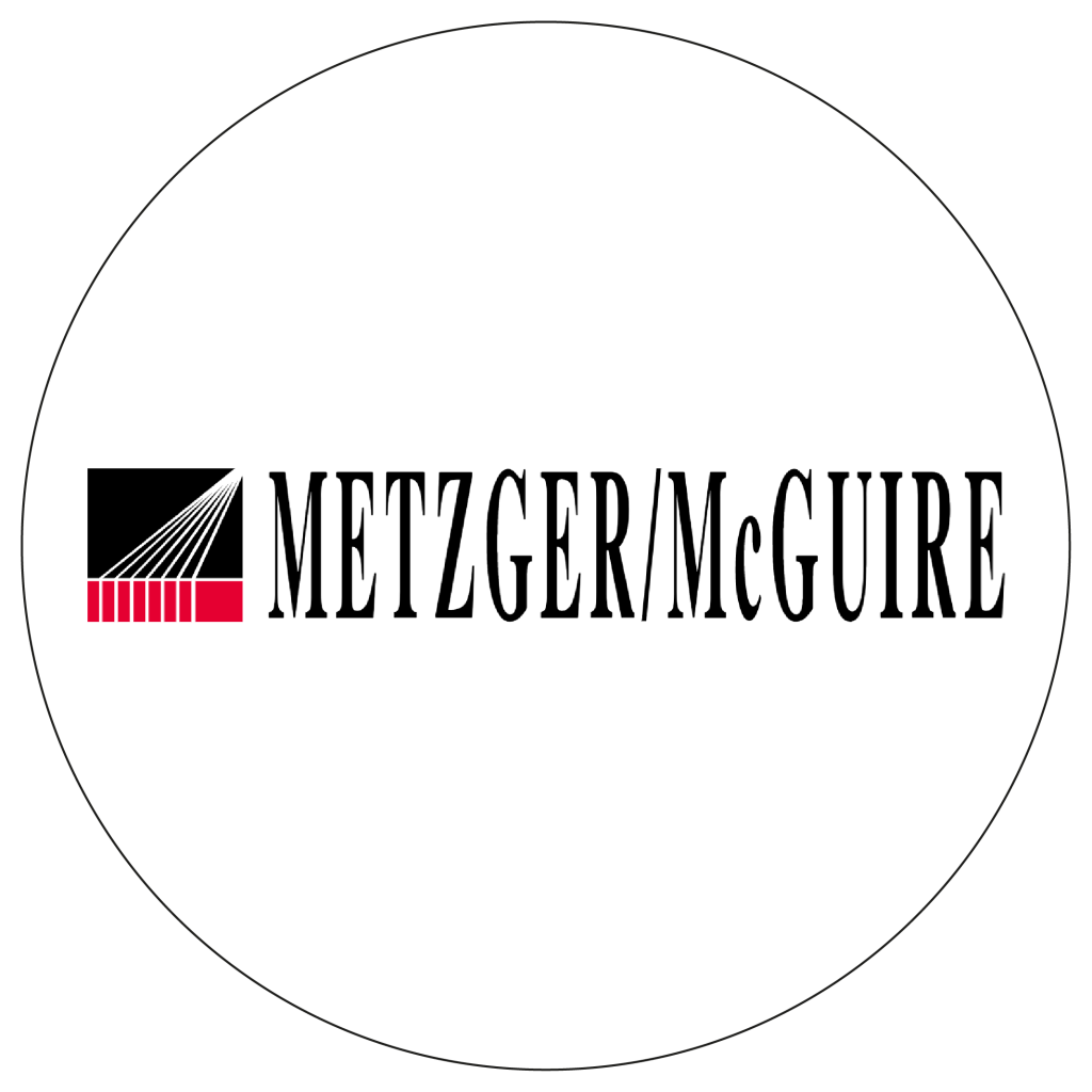 Logo de la empresa Metzger/McGuire, con diseño gráfico en rojo y negro que sugiere precisión y estructura.